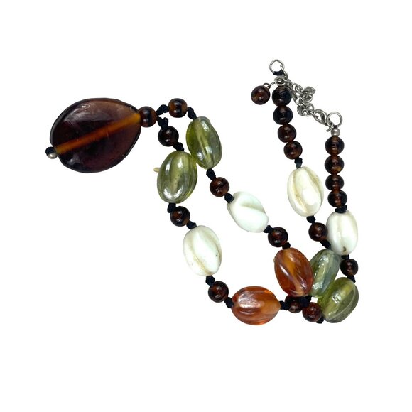 Vintage Chunky Glass Beaded Necklace 20" With Earthtone Pendant Boho Style - Picture 2 of 6